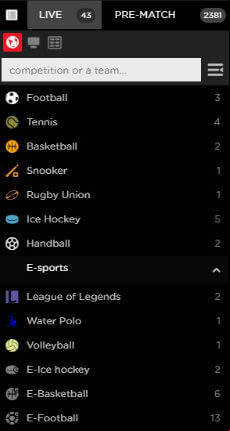 Available sports markets at Royal Panda